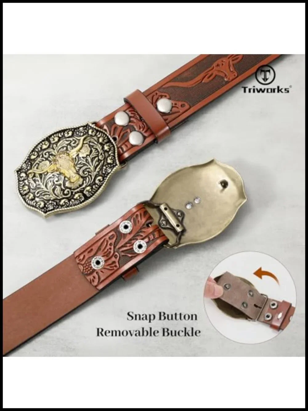 Western Cowboy Belt with Floral Engraved Buckle for Men Women